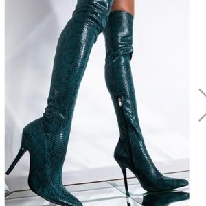 Stiletto green thigh high boots